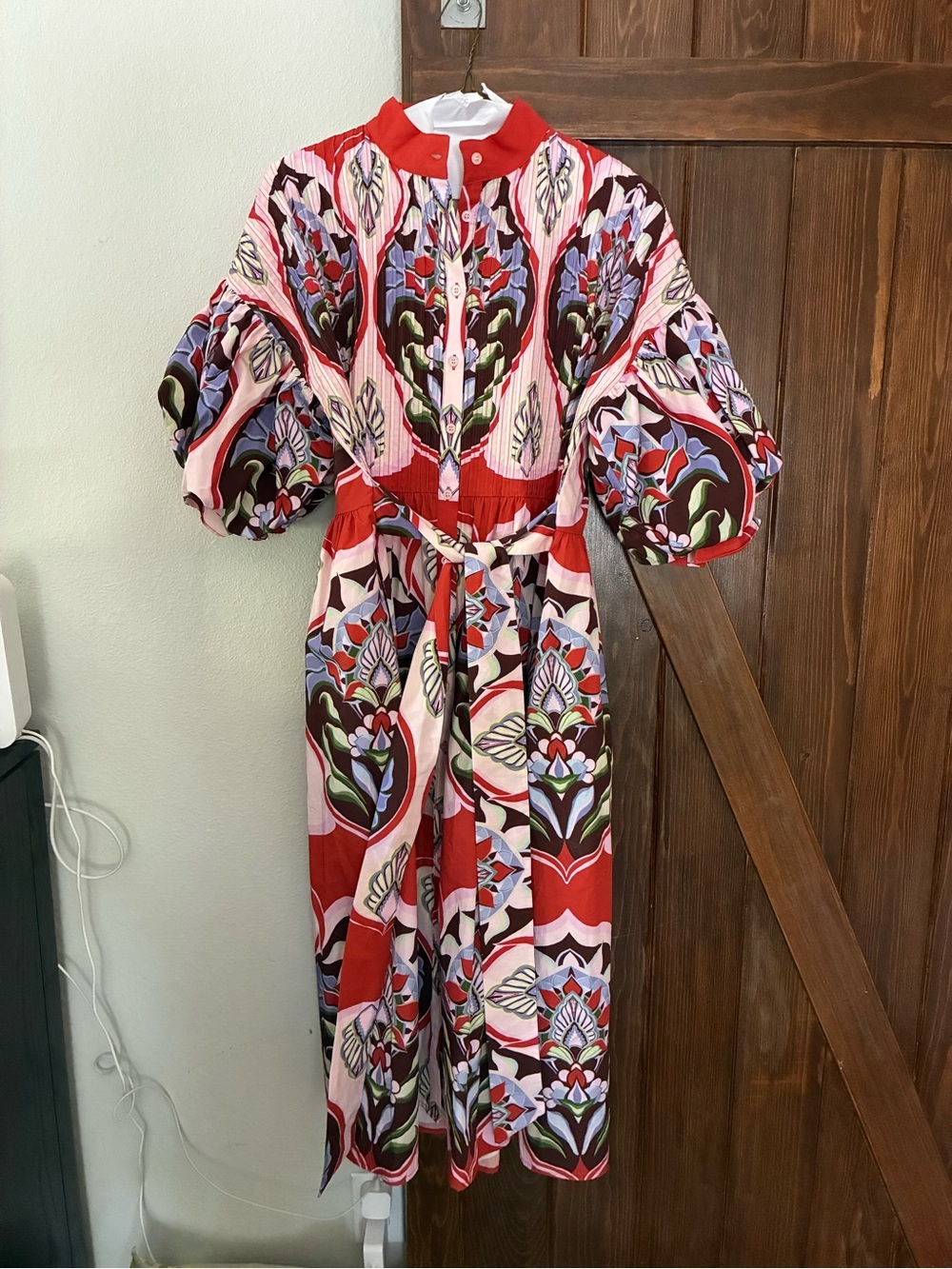 Red Floral Print Maxi Dress with Puff Sleeves and Tie Waist